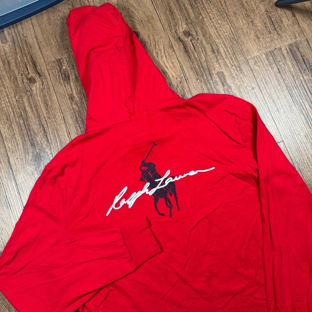 Polo Ralph Lauren Big Pony Logo Jersey Hooded T Shirt Men L Red Graphic Spellout